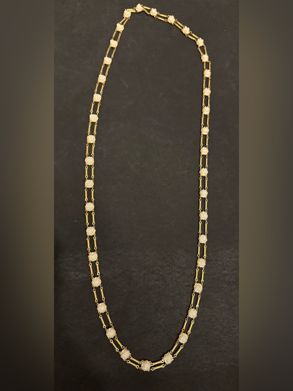 Vintage Golf Tone Necklace ft Carved Floral Roses in White